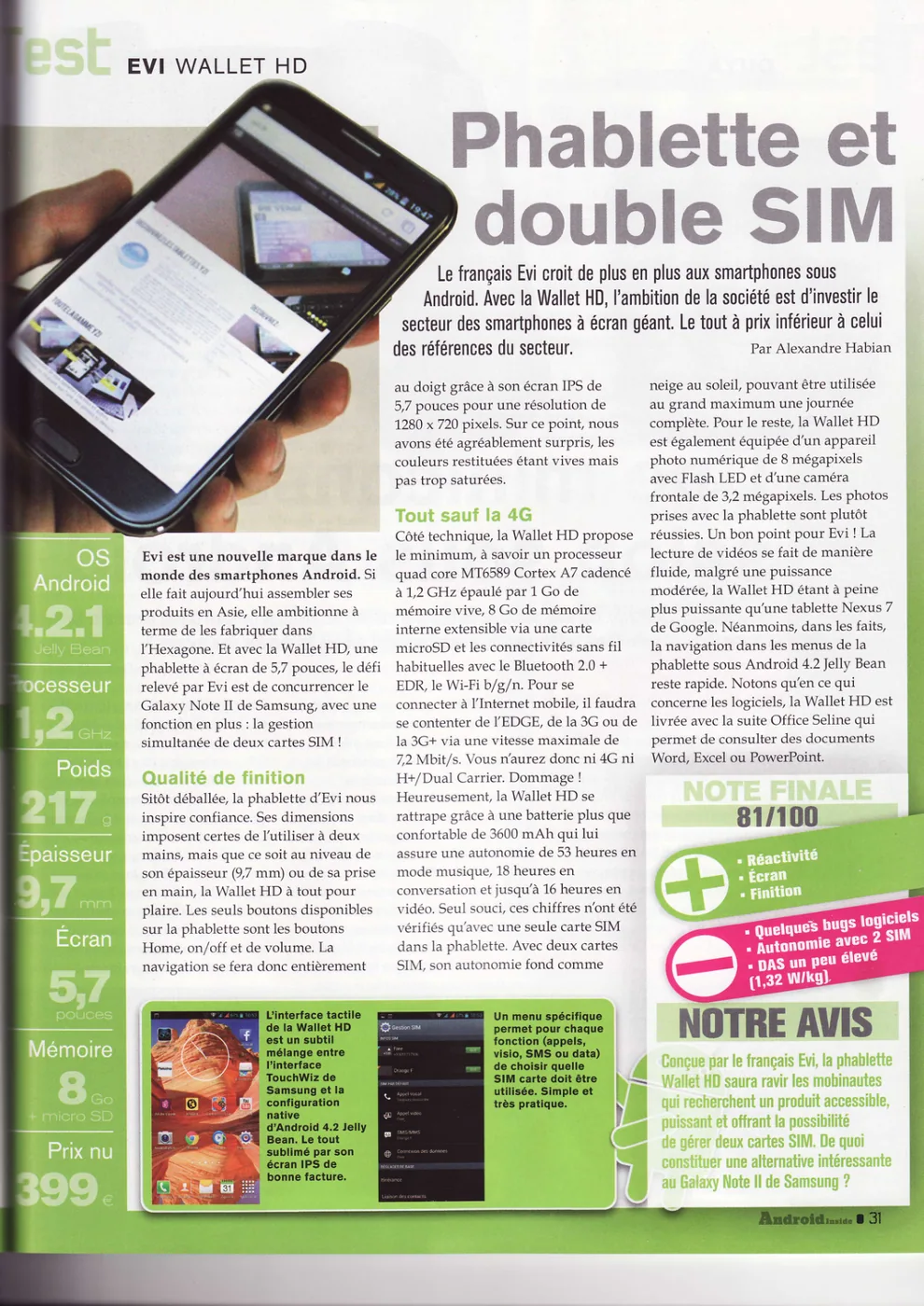 Aperçu de l’article Android Inside, Phablette et double SIM
